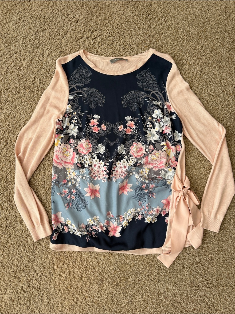 Oasis Floral Mixed-Media Knit Top in Blush and Navy